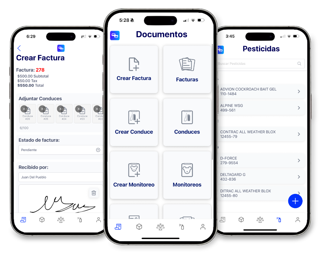 Pest Pro — software para empresas de control de plagas Capturas de la app Pest Pro: software de control de plagas en iOS, Android y Web
